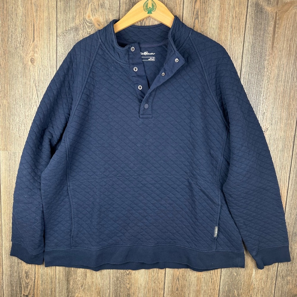 Eddie Bauer Quilted Snap Neck Pullover Sweatshirt Mens XL Navy Blue EM32LK917